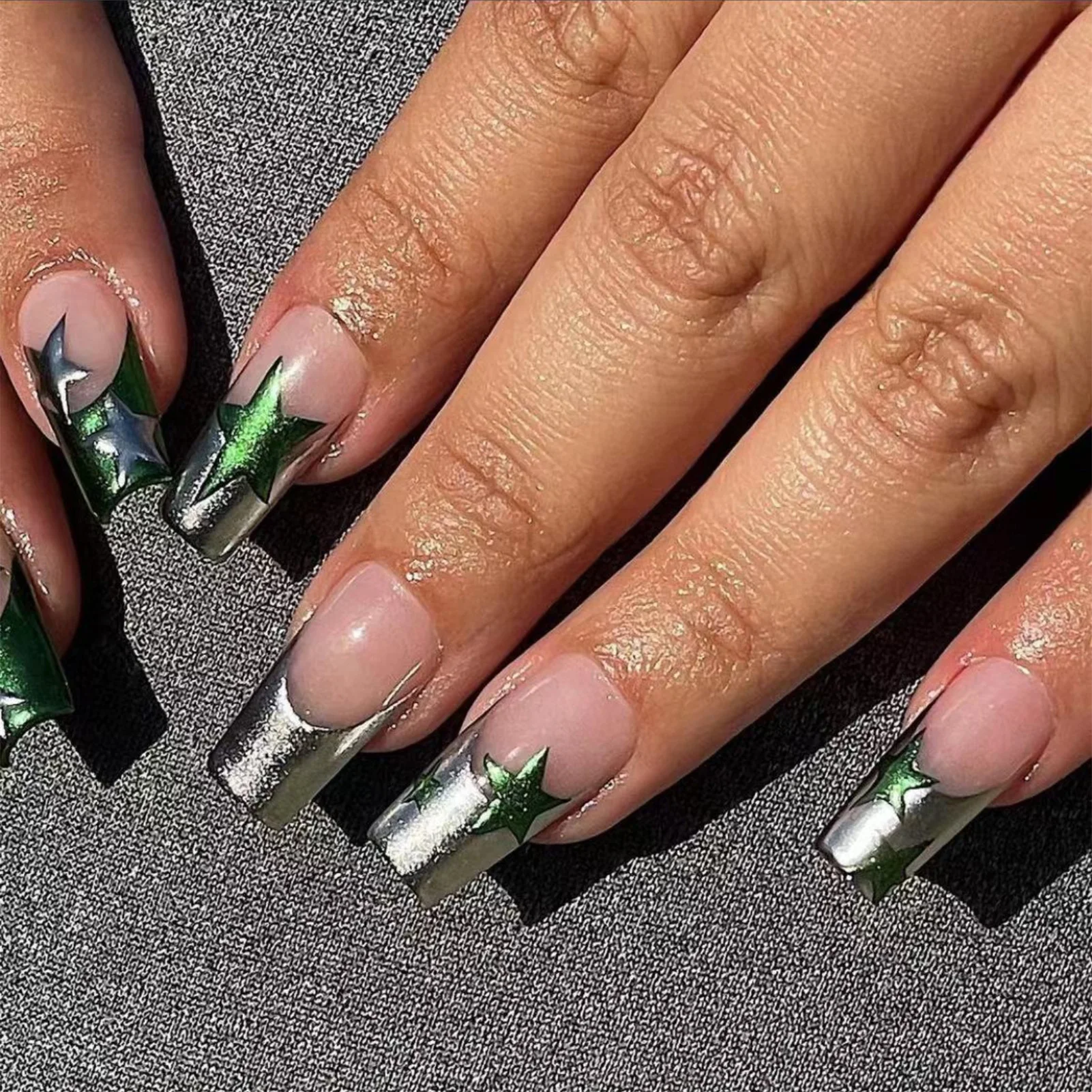 Faux ongles en pentagramme vert et argent pour salon de manucure professionnel, matériau non toxique, respectueux de l'environnement, N64.