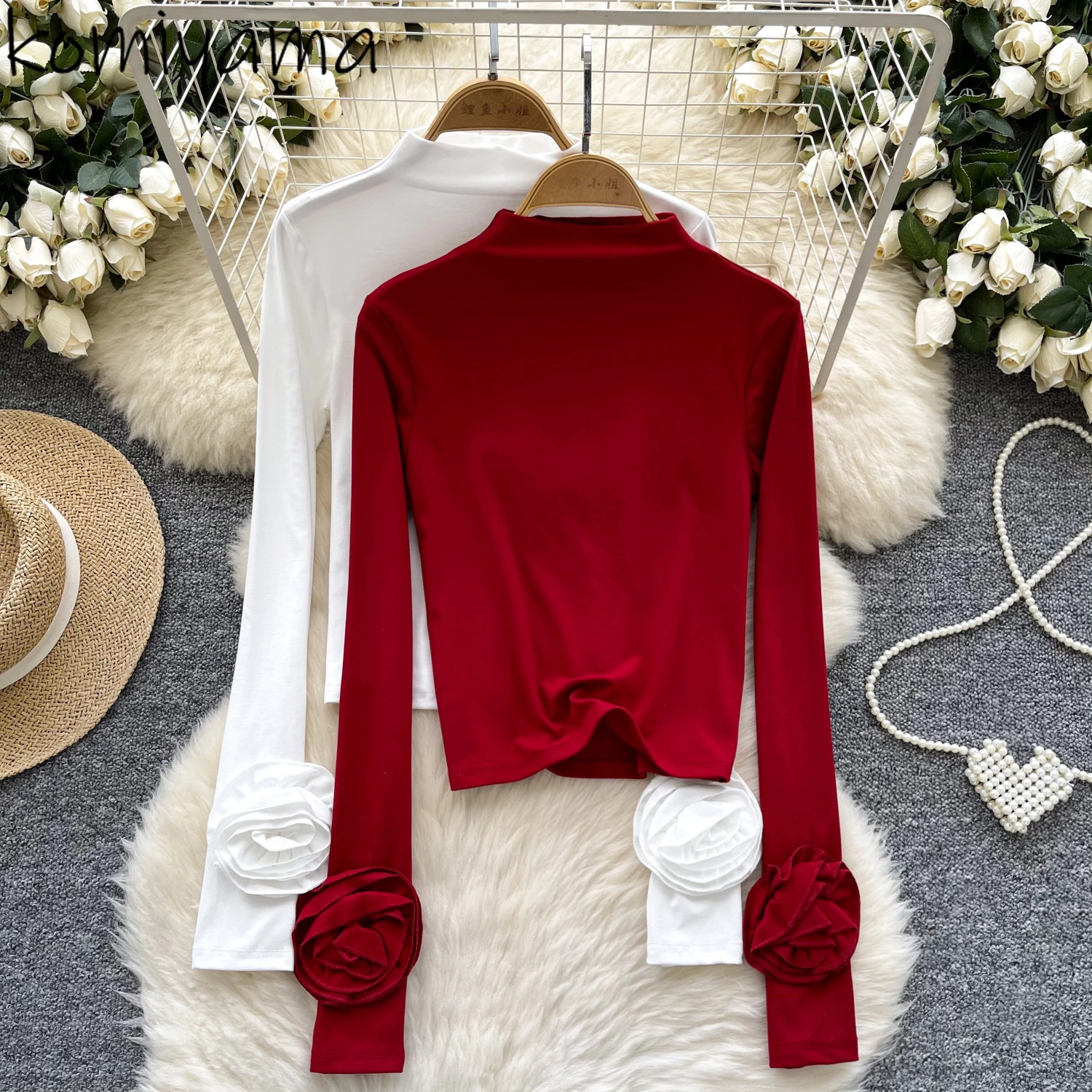 

Long Sleeve Bottomed Ropa De Mujer 3d Flower T Shirts Ins Half High Collar Woman 2025 Roupas Sweet Fashion Clothes Tops