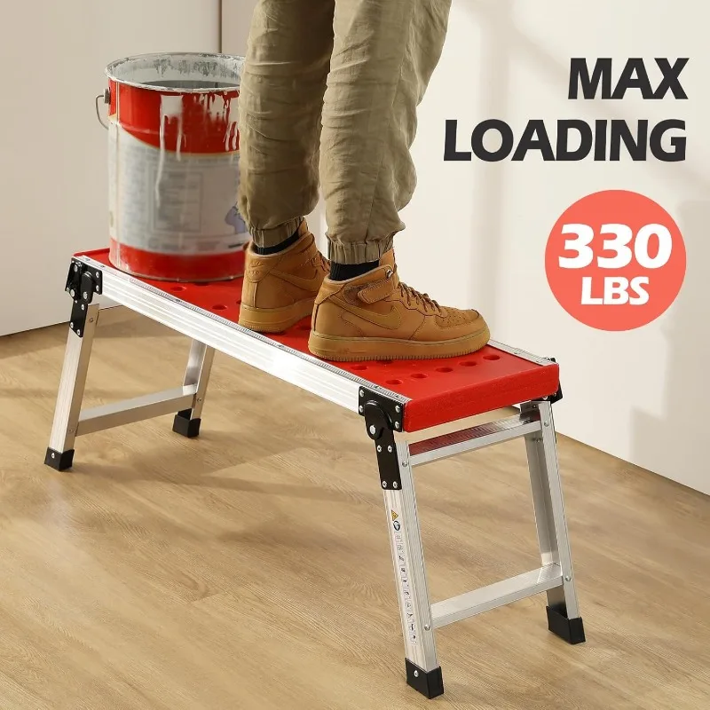 Folding Work Platform, Adjustable Step Ladder with Anti-Slip Feet Cover, Lightweight Stepladder with Safety Lock for Home