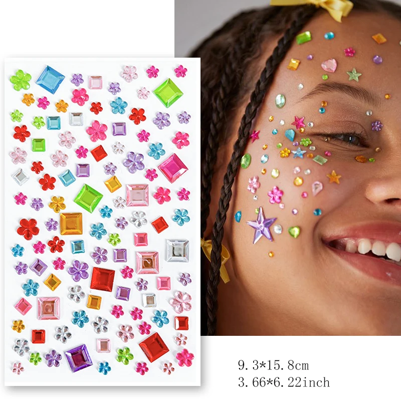 1Pcs Random Colorful Rectangle Gem Face Sticker Sqaure Rhinestone Self-Adhesive Fake Tattoos for Party Stage Makeup Gems Decals