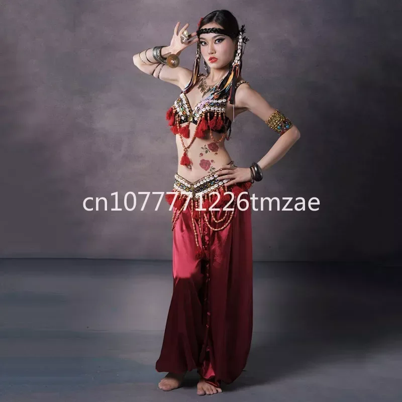 Indian Belly Dance Costume, Women\'s ATS Tribal Belly Dance Costume 3 Piece Set Bra Belt Red Trousers Gypsy Dancing Dress