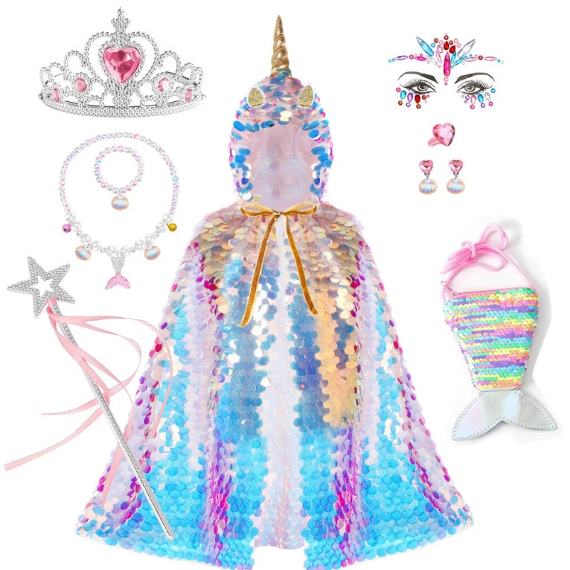 Kids Mermaid Princess Sequin Cape Colorful Glitter Cloak Sparkly Beaded Shawl for Cross‑border Party Cosplay & Stage Performance