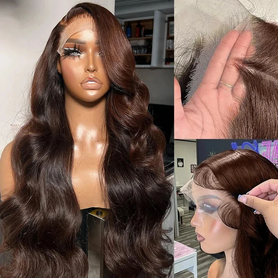 Peruca dianteira do laço da onda do corpo marrom chocolate, HD Transparente Lace Frontal Peruca, Colorido Brasileiro, Loose WavyHuman Hair Wigs, 13x6