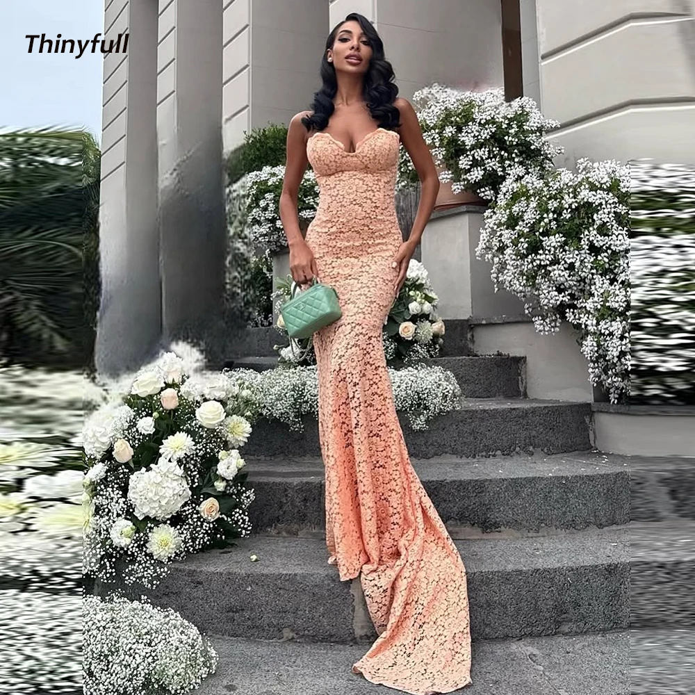 

Thinyfull Mermaid Lace Arab Prom Dresses Sweetheart Sleeveless Evening Party Gown Long Formal Occasion Dress Customized ﻿