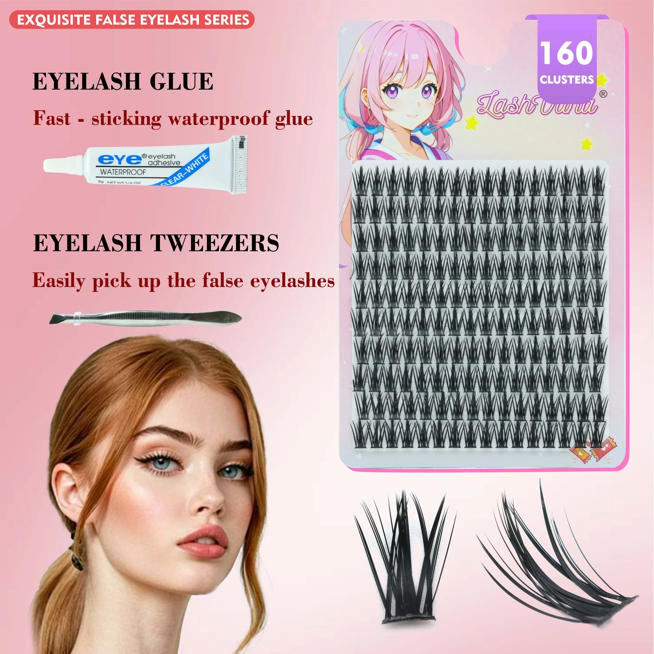 Kit de pestañas postizas de 160 racimos para Cosplay, pestañas postizas finas naturales con pegamento y pinzas, herramientas de extensión de pestañas DIY, punta de trigo
