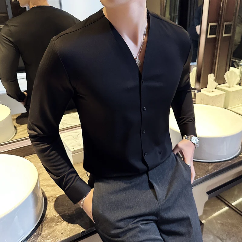 2023 New Seamless Men\'s Shirt Long Sleeve V-neck Casual Shirts Fashion Slim Fit Business Formal Dress Shirts Social Banquet Tops