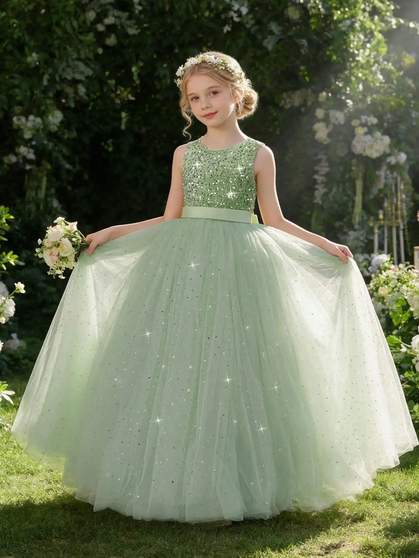 

Mint Green Sequined Tulle Ball Gown Formal Dress For Women