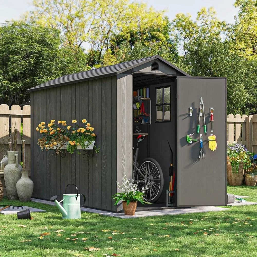 

4' x 8' Plastic Outdoor Storage Shed with Floor, Resin Outside Tool Shed with Windows and Lockable Door for Backyard Garden