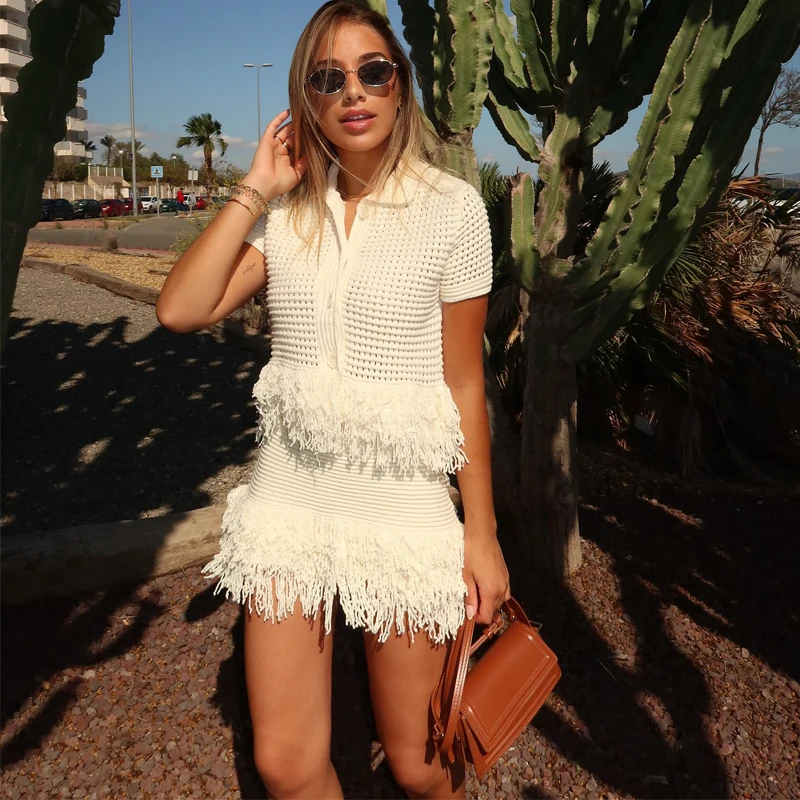 

Women Mini Knitted Skirt Sets White Single Breasted Short Sleeve Shirt Top and High Waist Tassel Skirt Elegant Lady Suits