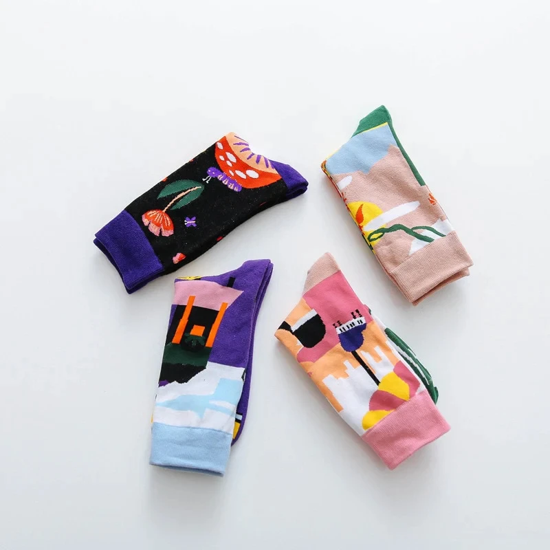 1 Pair Colourful Print Women Socks Fashion New Trend Harajuku Style Streetwear Socks Breathable Suit In All Seasons