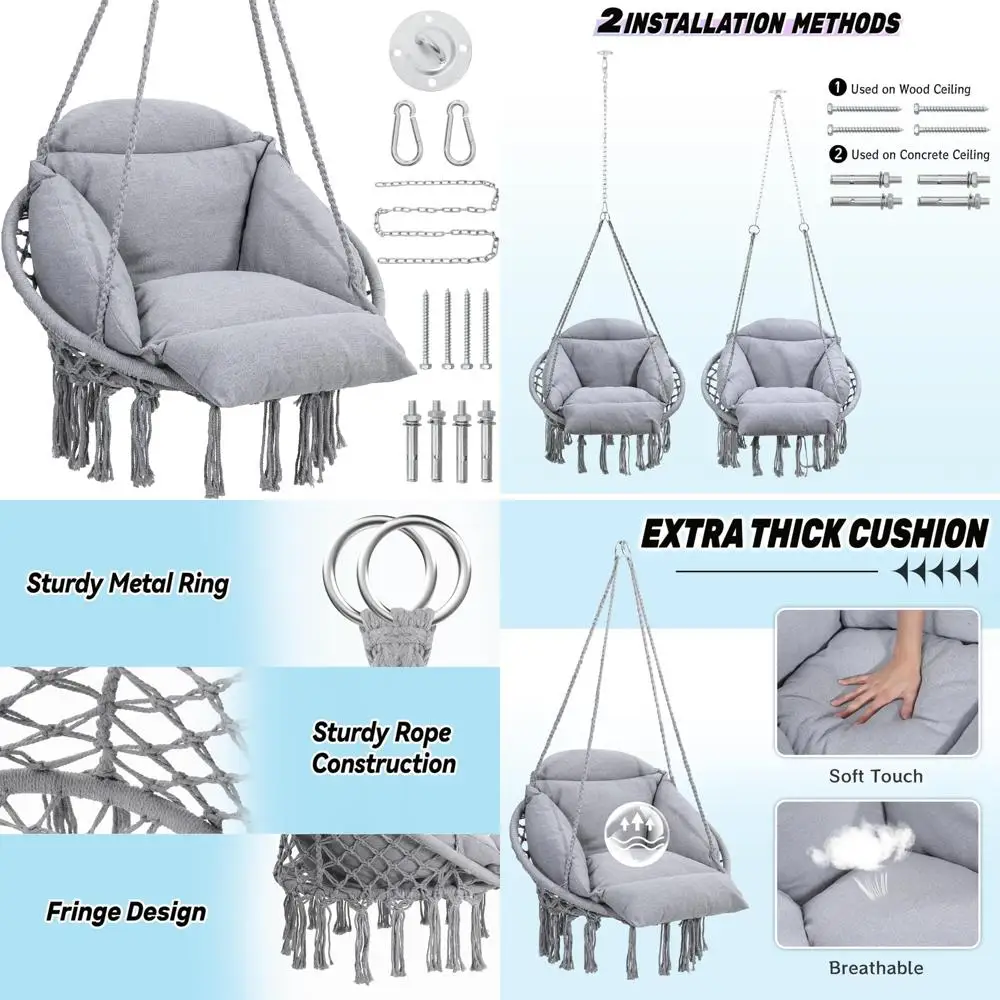 كرسي أرجوحة مكرامية مبطن كبير الحجم - مثالي لغرف النوم والشرفات والأطفال والكبار والشرفات - رمادي #1