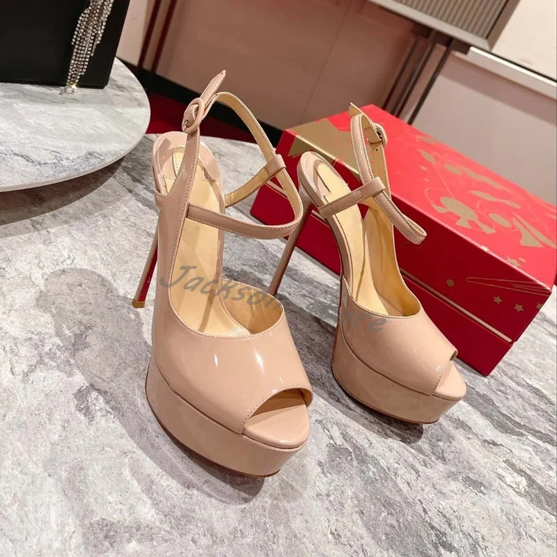 Sexy Platform Open Toe High Heels Women\'s Stiletto Nude Wedding Shoes Genuine Leather Ankle Strap Party Dress Shoes Plus Size