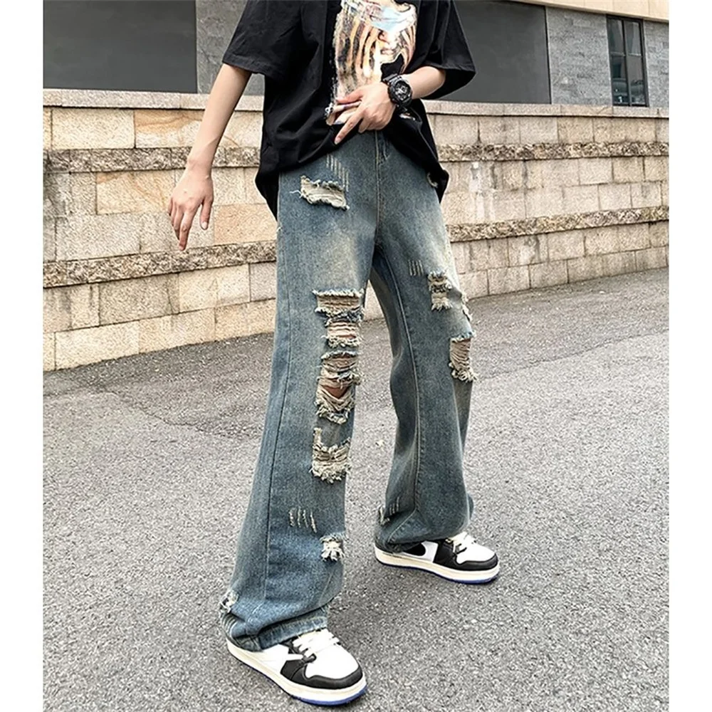 Ripped Löcher Jeans Männer Sommer Baggy Übergroße S-3XL Wischen Denim Breite Bein Hosen Casual Retro Hip Hop Koreanische Mode Böden