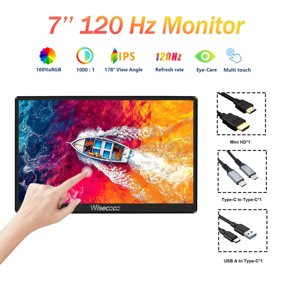 7인치 휴대용 모니터 120Hz 게이밍 터치스크린 IPS 1920x1080 미니 모니터 PC 보조 화면 USB C 스위치 PS5 엑스박스용 썸네일 7