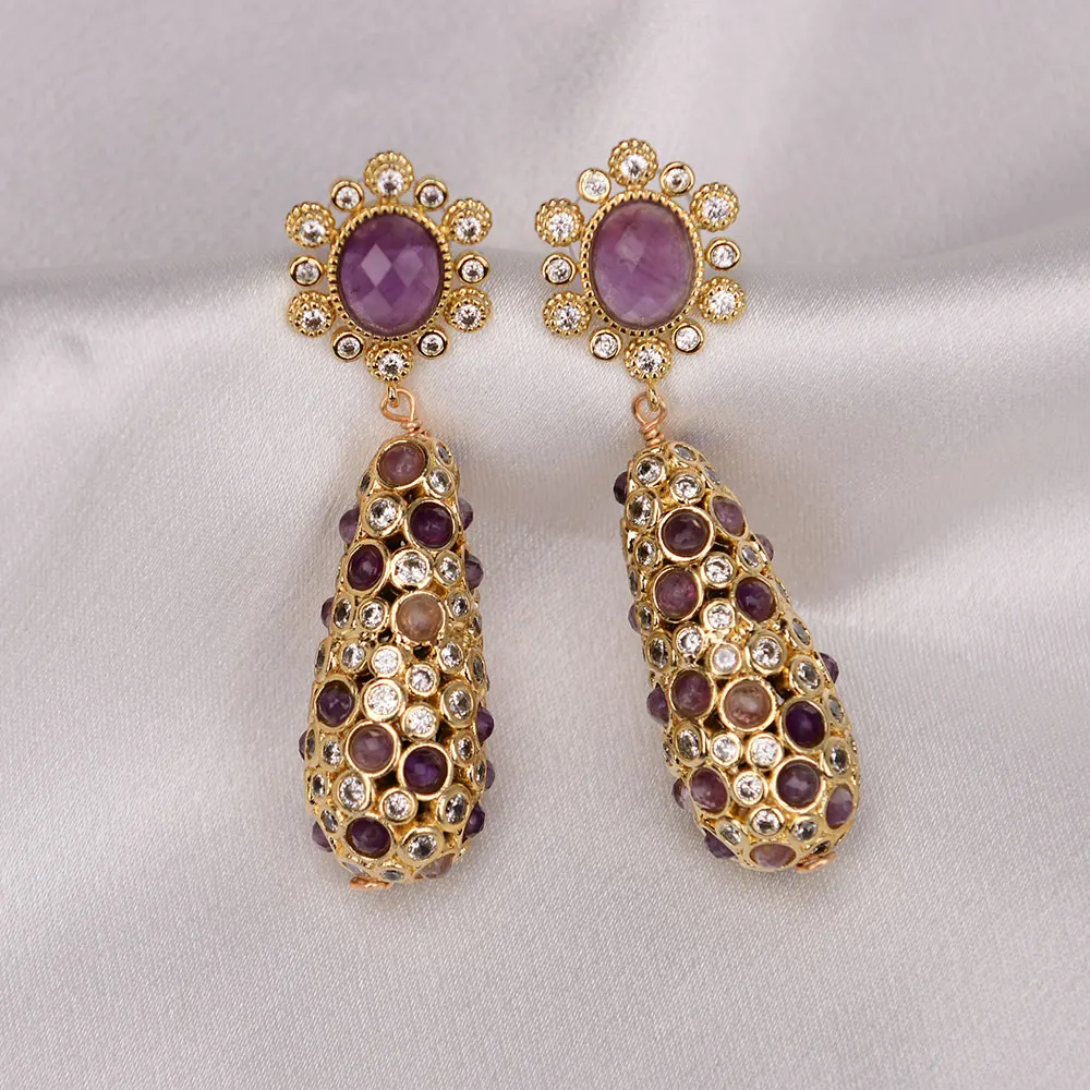 G-G Natural Purple Amethyst Clear Crystal Paved Gemstone Stud Gold Plated Earrings