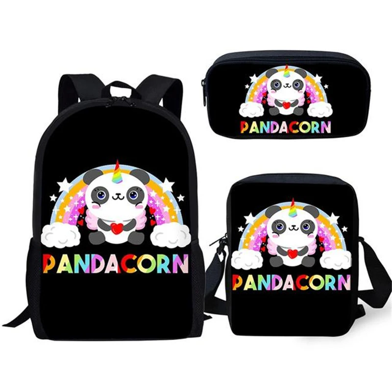 3 buah tas sekolah gambar kartun Unicorn Panda, tas ransel kasual pelajar, tas buku kampus, tas makan siang harian, tas pensil