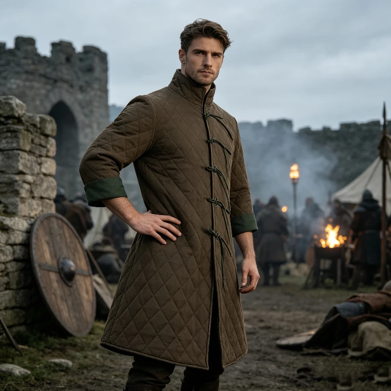 Men Medieval Armor Retro Coat Stand Collar Lace‑Up Padded Jacket Renaissance Knight Cosplay Masquerade Party Stage Show Costume