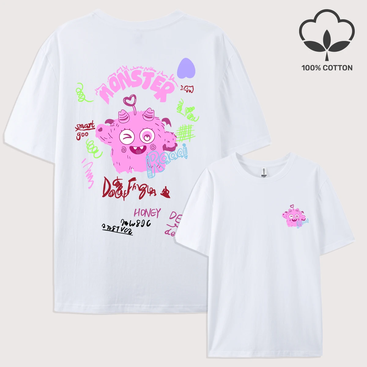 Cute Pink Plush Little Monster Print T-Shirts Men Cotton Casual T Shirt Breathable Summer Sportswear Oversized Crewneck Tops