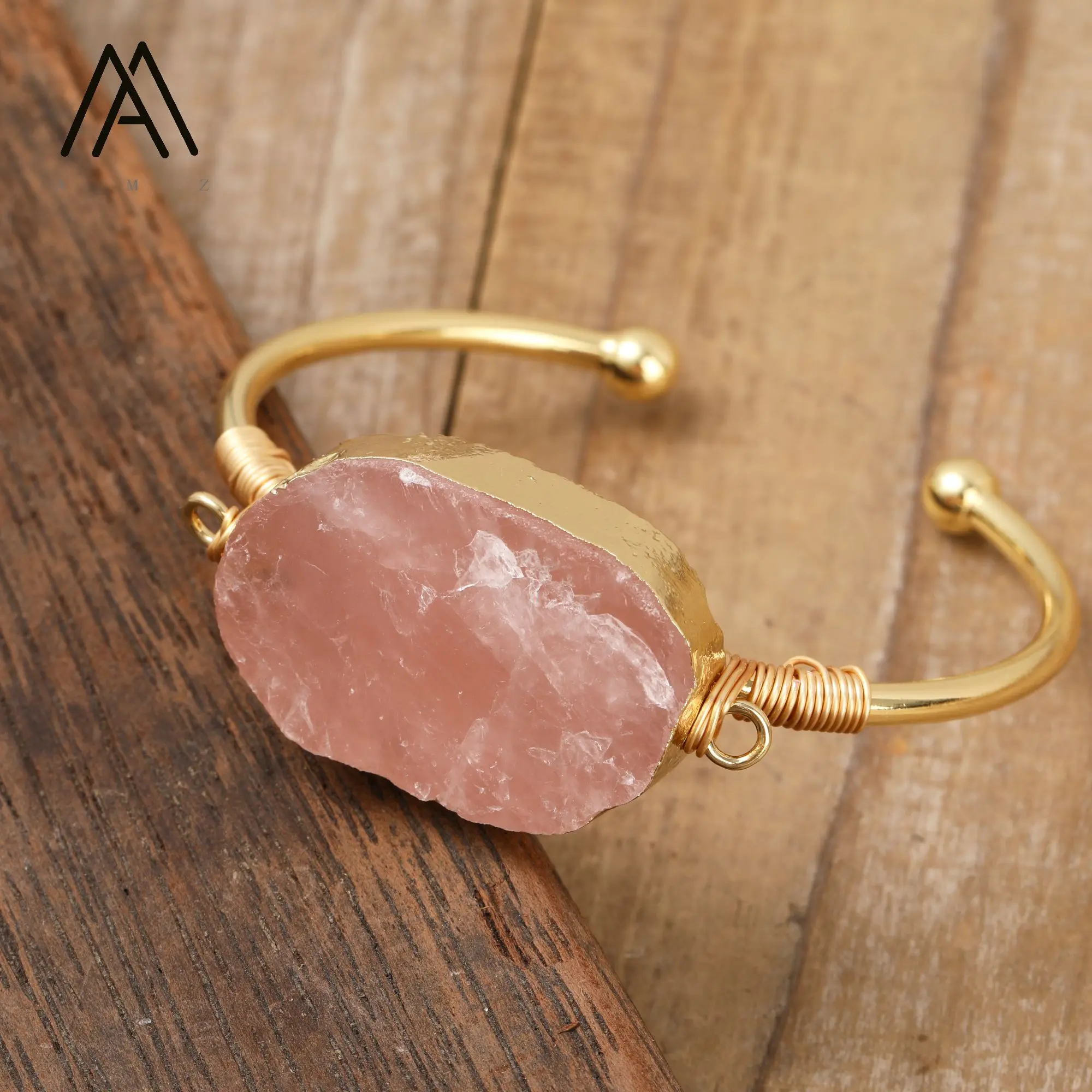 

Fashion Pink Crystal Healing Bangle Natural Rose Quartz Wire Wrapped Charm Open Cuff Bracelet Jewelry Lady Teengirl Gift