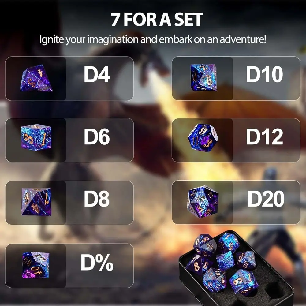 7 Buah DND Cincin Merah & Aliran Cairan Mata Tepi Tajam Set Dadu Resin D & Dungeon dan Naga Buatan Tangan D20 D dan D D Dadu Polihedral