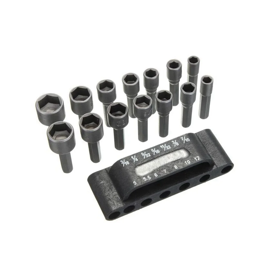 14Pcs Power Nut Driver Drill Bit Set SAE Metric Socket Wrench Screw 1/4"Hex Shank Wrench Tool Set Snap Cross