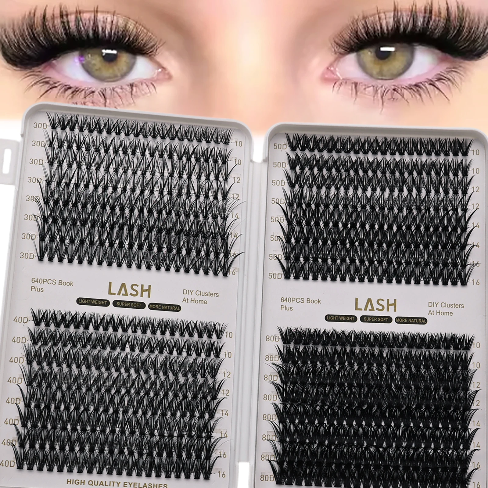 Extensions de cils individuels DIY en bouquets, courbure D, 640 pièces, assortiment 30D 40D 50D 80D, 10-16mm