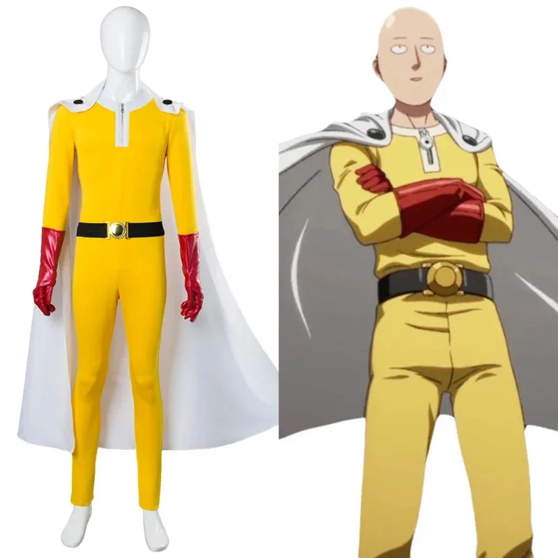

Anime One Punch Man Saitama Yellow Jumpsuit with White Cloak SuperHero Suit Cosplay Costumess;2'd,5.h;