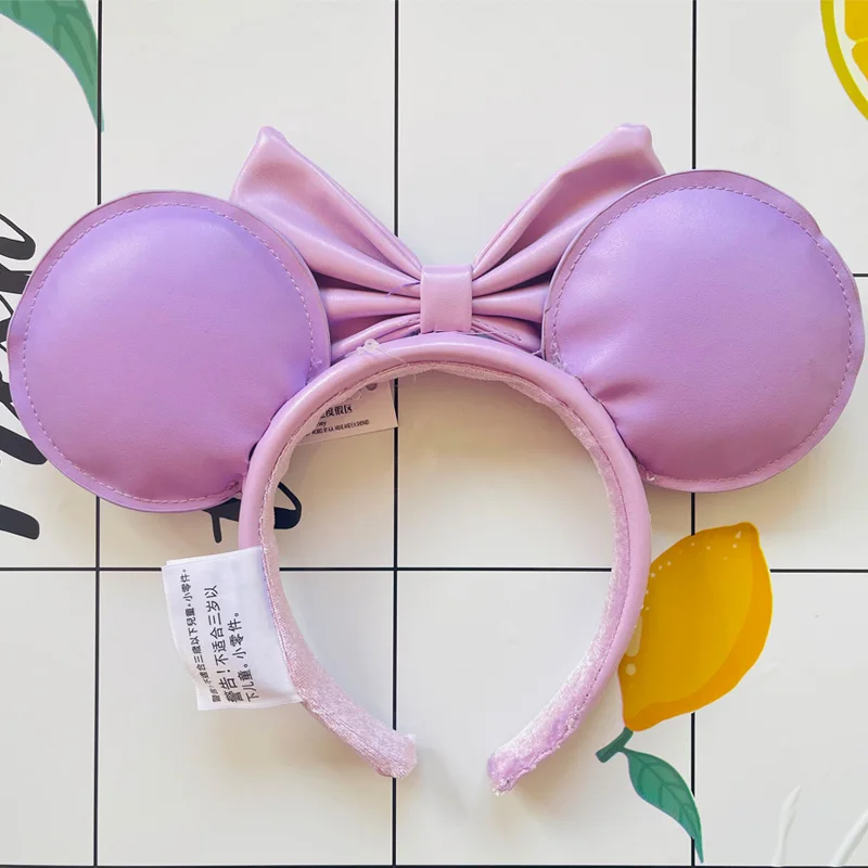 Disney Co Branding Mickey Ears Headband Cartoon Light Purple Embroidered Flowers PU Leather Bow Adults/Child Disneyland Ear Bag