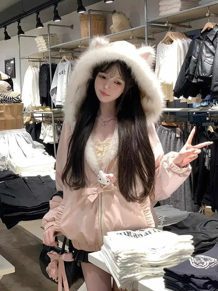 かわいいY2Kジャケット 冬用ファーカラー付きスイートフード付きレディース厚手ジャケット カジュアルトップス ジッパー付きルーズファッションフード付きコート 新品