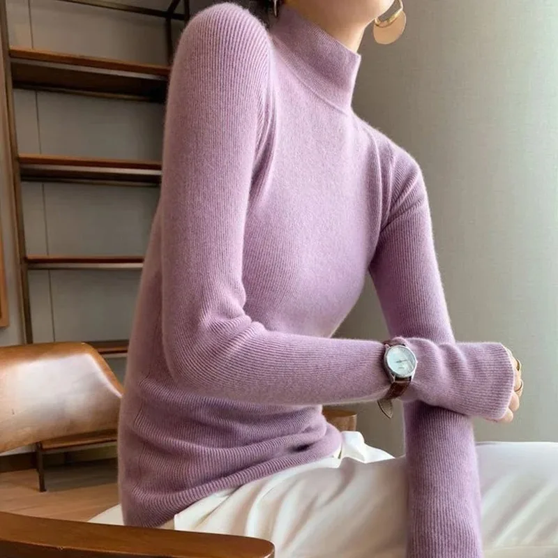 2025 feminino fino ajuste manga longa base pulôver de malha cor sólida camisola de gola alta francês versátil outono inverno quente topos