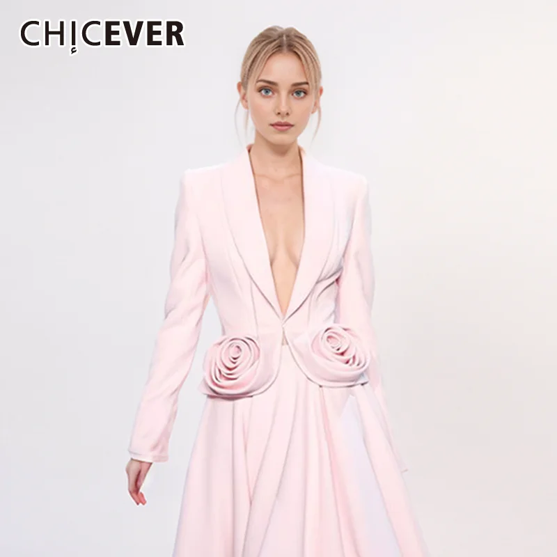 

CHICEVER Spliced Appliques Temperament Blazers For Women Notched Collar Long Sleeve Single Breasted Minimalist Slim Coats Female