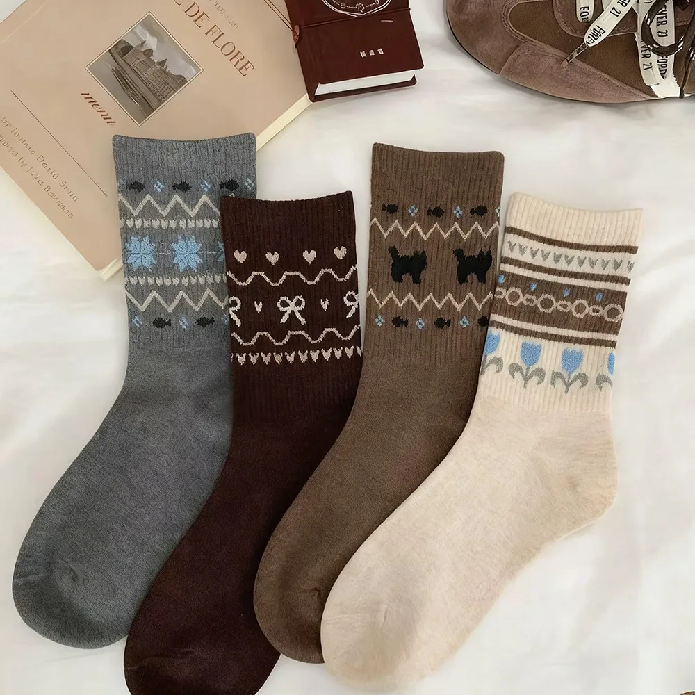 

1/4 Pairs Soft Warm Women Socks Anti-Cold Breathable Medium Tube Tights Stacked Socks Autumn Winter