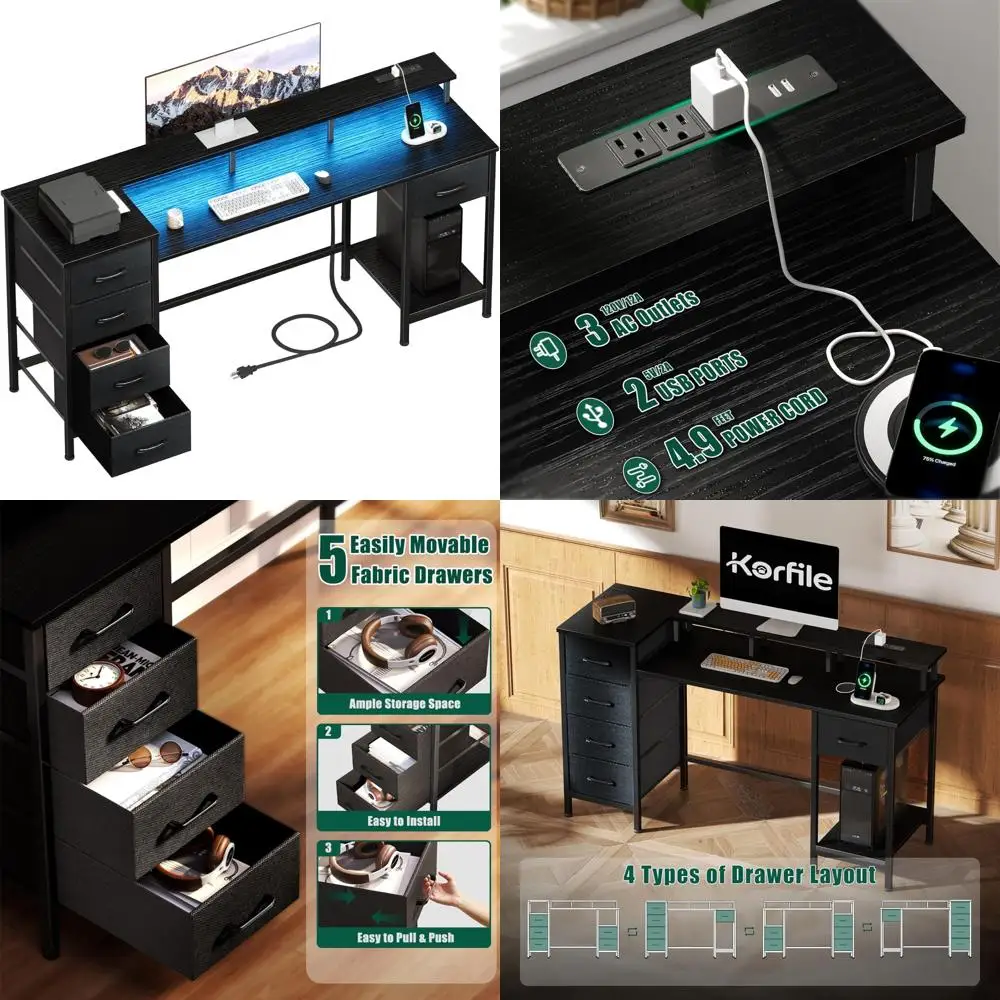 

Adjustable 55 Inch Gaming Desk with LED Lights and Power Outlets, Reversible Desk with Fabric Drawers for Home Office Work