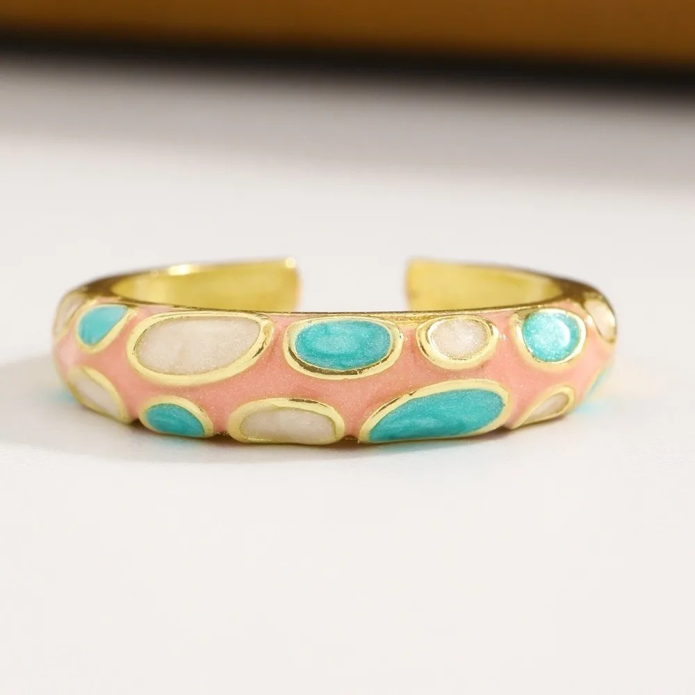 Minimalist Chinese Style Drip Oil Ring Vintage Colorful Enamel Statement Ring Adjustable Ethnic Floral Pattern Ring For Women