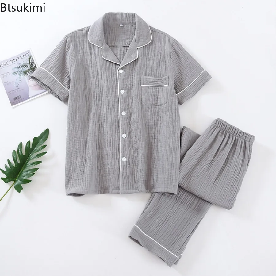 2024 Men's Pajama Sets 100% Cotton Crepe Casual Homewear Two Pieces Short Sleeve Tops and Pants Men Simple Lounge Sleepwear Suit