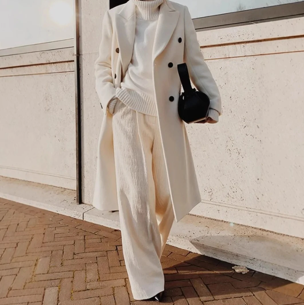 

Осень 2024, женское пальто, шерстяная куртка, двубортный свободный кардиган с длинными рукавами, однотонная повседневная верхняя одежда с карманами