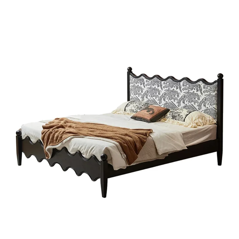 

French retro style full solid wood bed bedroom small apartment double bed 1.5 meters ripple wave black soft bag fabric bed