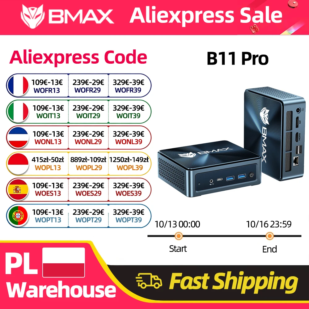 BMAX B11 Pro Mini AI PC Intel Core Ultra 5 115U 8 Kerne 10 Threads 16GB RAM 512GB SSD WLAN Bluetooth USB HDMI Typ-C Windows 11