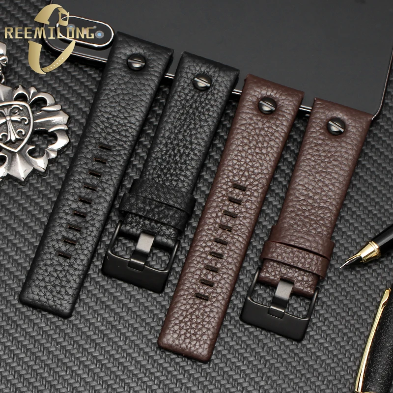 Cowhide lea/ther watch strap 22 24 26 27 30 32mm Litchi grain with rivets brown black watchband For Diesel DZ7257 DZ4318 DZ7313