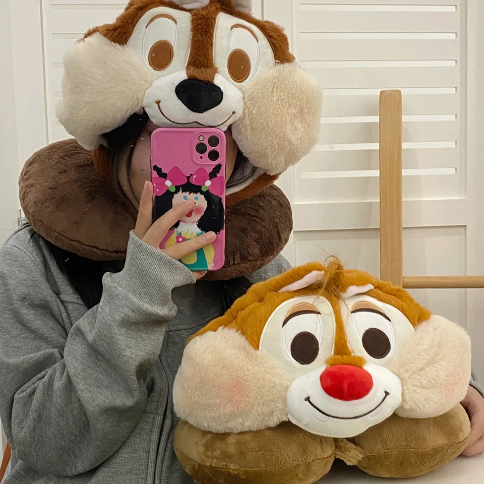 Disney Chip and Dale Travel Blackout Neck Pillow Chipmunks Kawaii Squirrel Hooded U-shaped Neck Pillow Xmas Girl Gifts