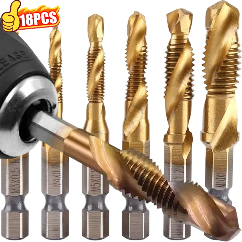 

HSS Composite Screw Tap Hex Shank Drill Bits Set Countersink Combination Metric Thread Taps Drill Bits Coated Drilling Tools