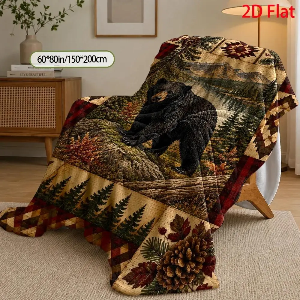 2D Flat Pattern, 280G/Square Meter, Black Bear Lake Mountain Landscape Design, Flannel Blanket, Cute Printed Pattern, Suitable for Sofa, All-Season Use, Halloween and Christmas Room Decoration, Christmas Gift, Birthday Gift