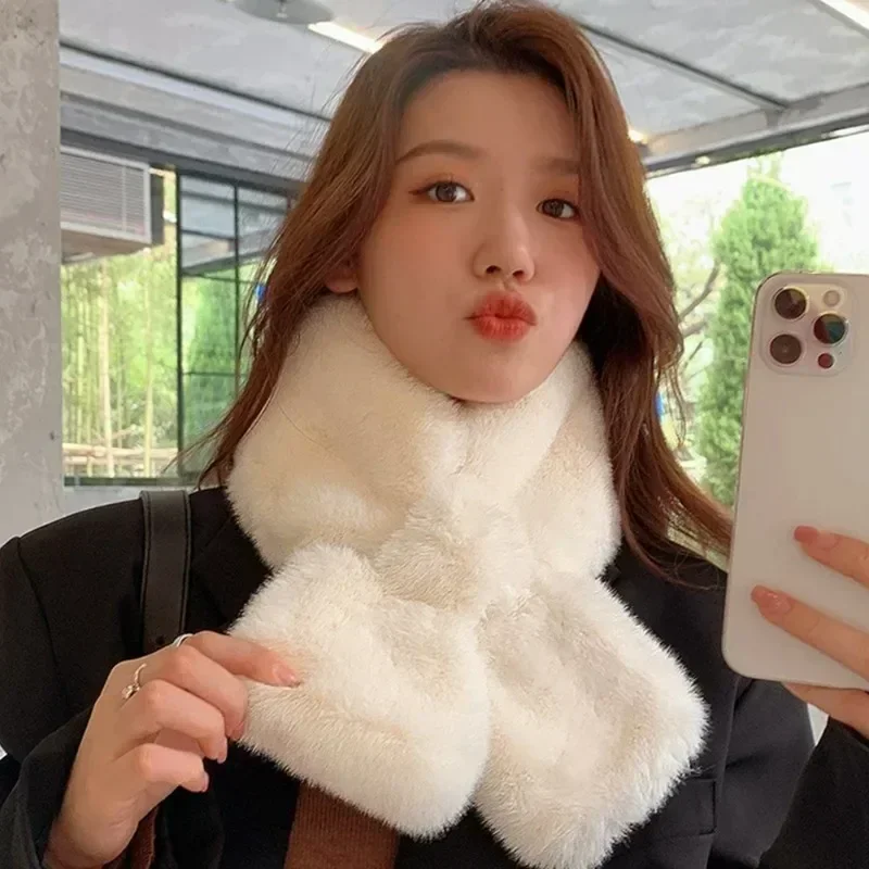 Warm Thicken Scarf Winter Women Girls Solid Color Soft Comfortable Rabbit Fur Scarf Cute Cross Plush Scarves Fashion Accessories