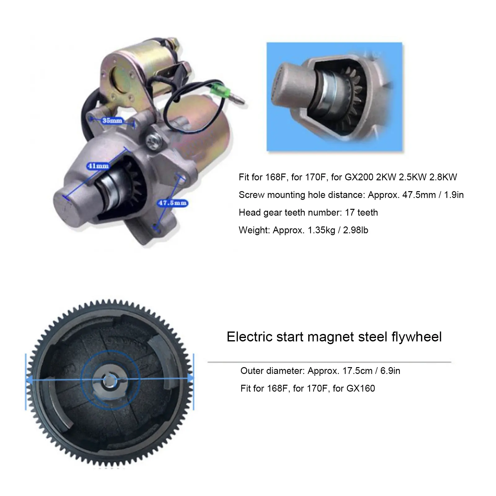 

Electric Start Kit Starter Motor Ignition Flywheel Cover Easy To Install Sturdy for GX160 GX200 5.5HP 6.5HP 4 Stroke Engines