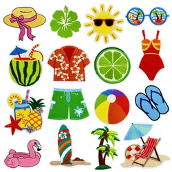 Hawaii Style Embroidery Iron on Patch Cartoon Coconut Pineapple Totem Shorts Hula Patterns Summer Cloth Applique for T-shirt DIY