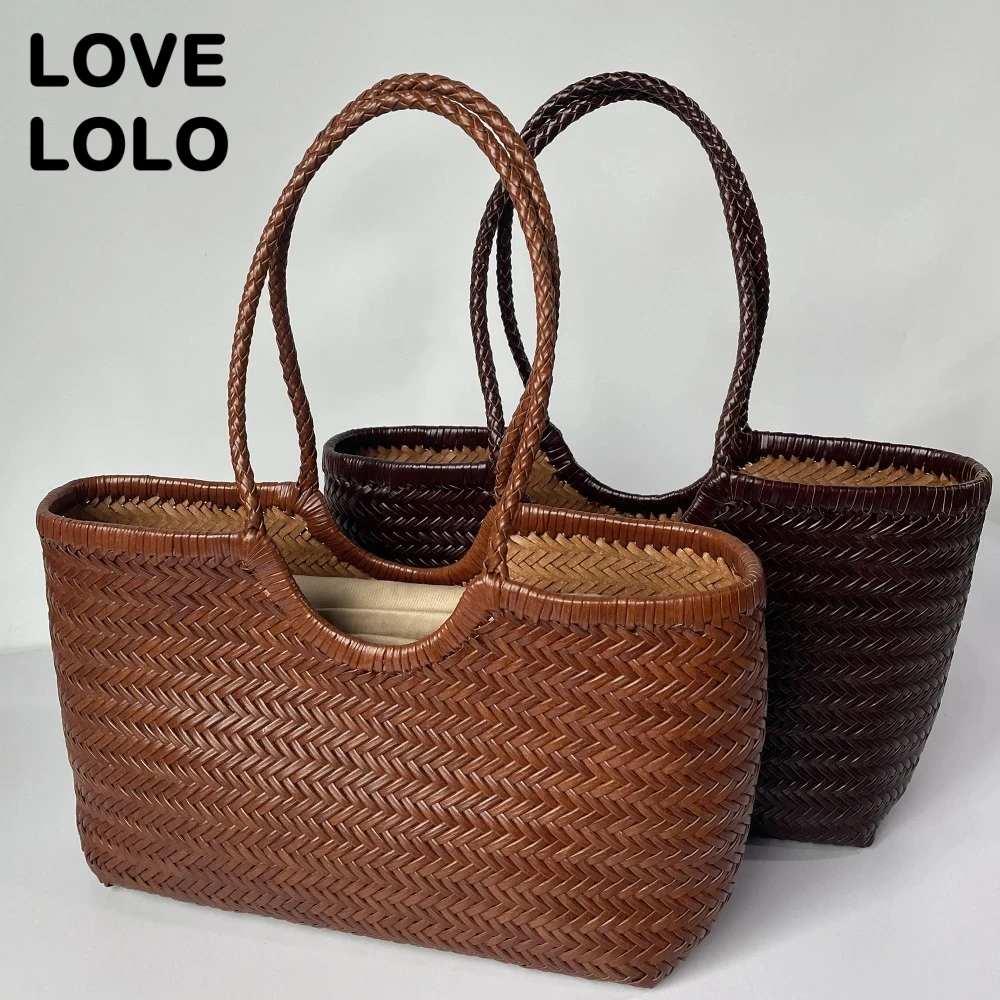 

Genuine Leather Hand-woven Vintage Tote Bag for Women, Top Grain Leather Cowhide Handbags French Style Basket Shoulder Bag 2025
