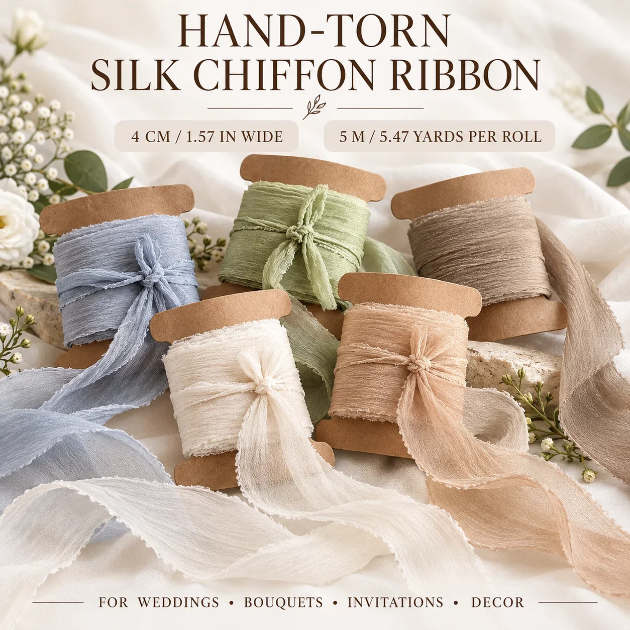 Hand-Tearable Curled Edge Chiffon Silk Ribbon Sheer Transparent Trim for Wedding Invitations Bouquet Tying Gift Wrapping Decor