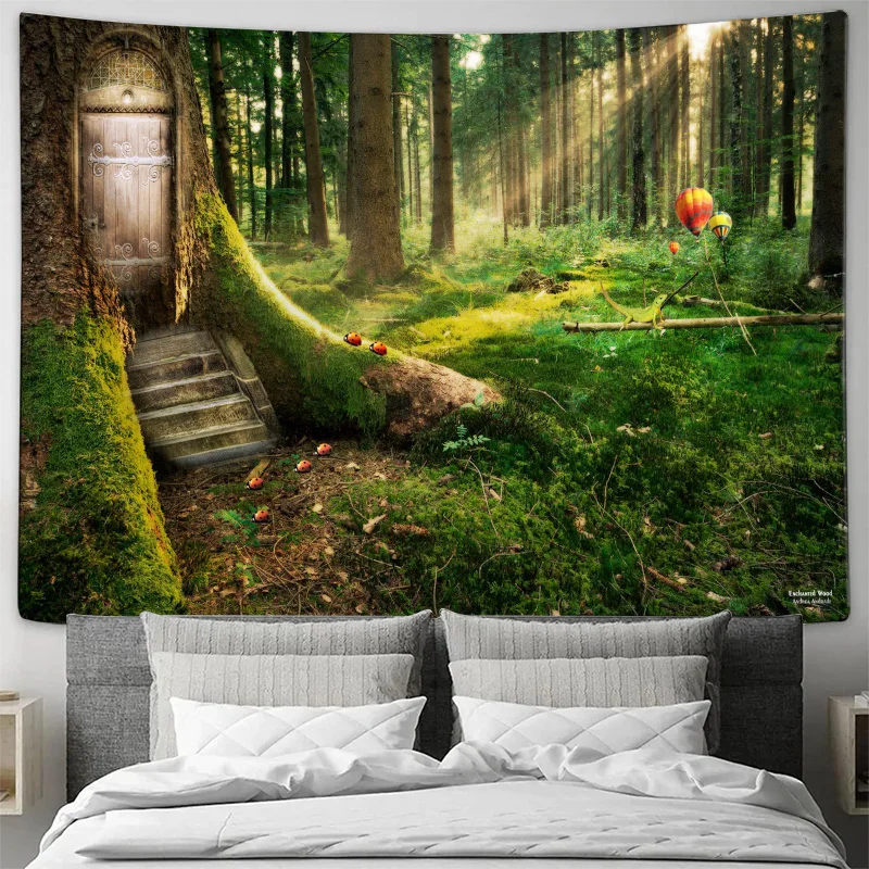 

Mystical Forest Tapestry: Enchanted Doorway Adorned with Colorful Balloons, Vibrant Greenery, & Warm Sunlight