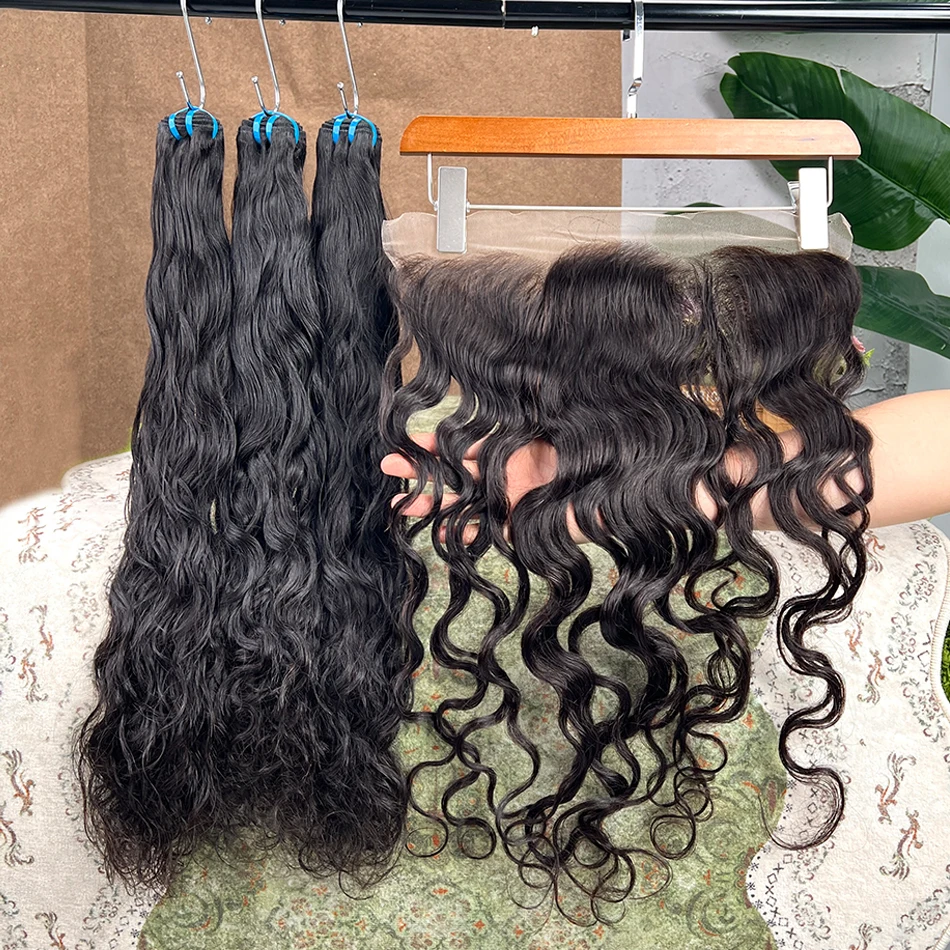 18A Natural Wave Human Hair Bundles With 13x4 Transparent Lace Frontal Hair Extensions #1B Natural Color Virgin Hair Bundle Deal