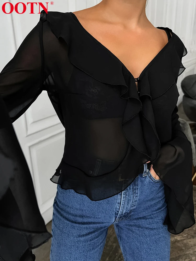 OOTN Black Vhiffon Shirts Female Elegant Flare Sleeve V Neck Woman Blouse 2024 Summer Office Ladies Top Casual Women Tops Solid